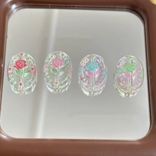 Transparent Oval Acrylic Beads 21mm Rose Pattern 10pcs