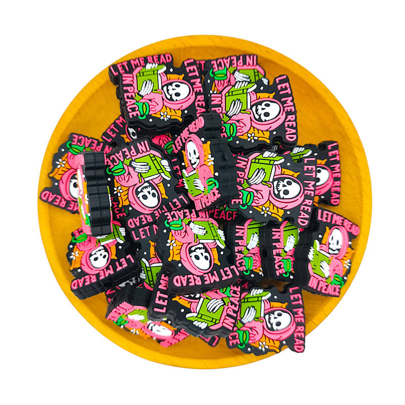 Silicone Focal Beads Skeleton Book With Let Me Read In Peace Text 2