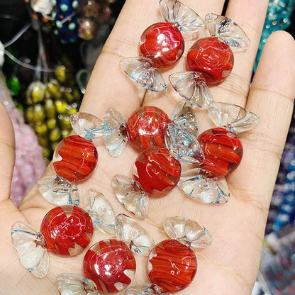 Lampwork Glass Beads Candy Shape 15x28mm Transparent Polka Dotted Stripe 4pcs 10