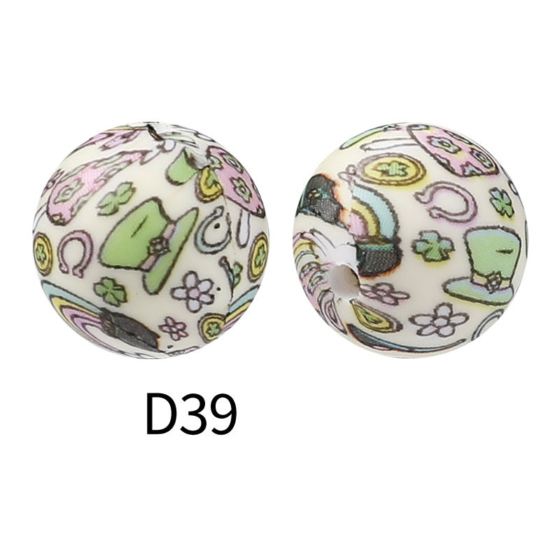 50Pcs 15mm Colored pattern printed silicone beads 41