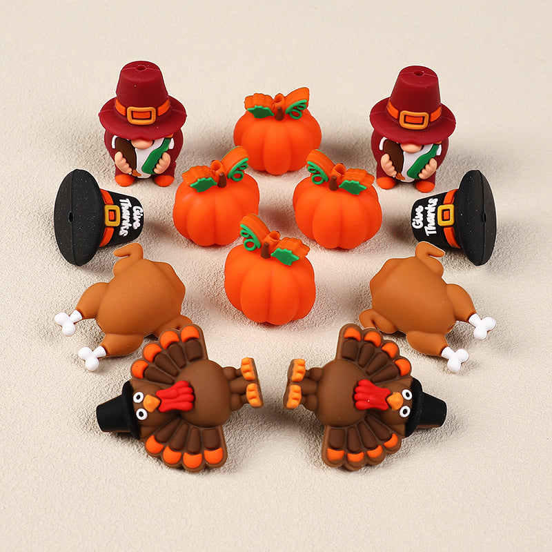 Silicone 3D Focal Beads Thanksgiving Pumpkins Give Thanks Hat 20pcs 3