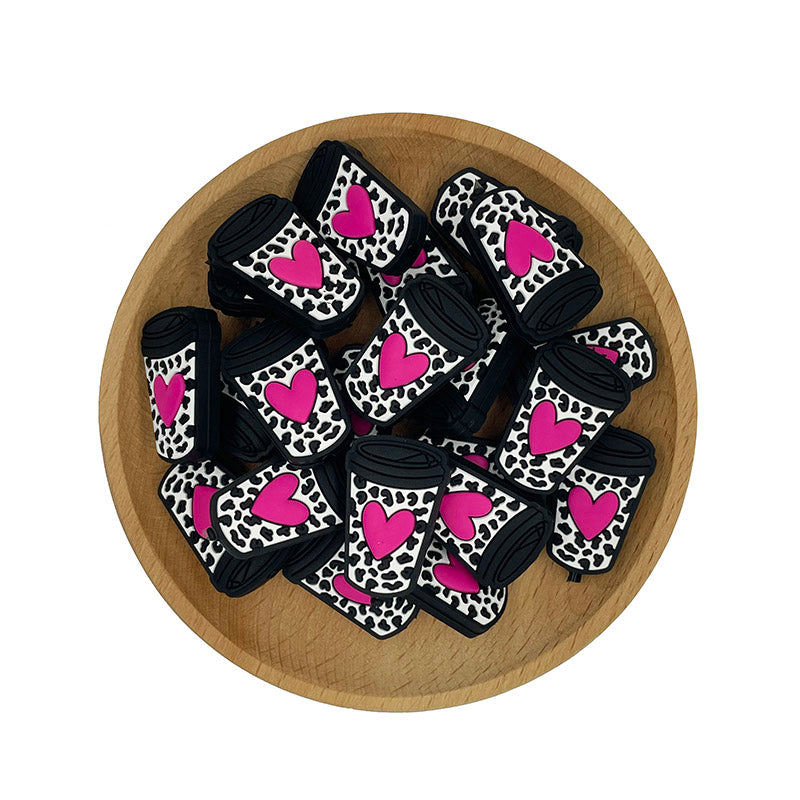Silicone Focal Beads Heart Cup Leopard Print Pink Heart 20pcs 2