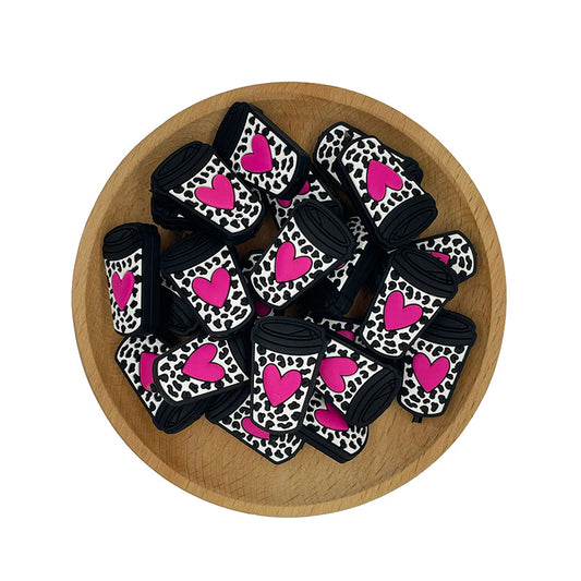 Silicone Focal Beads Heart Cup Leopard Print Pink Heart 20pcs 2