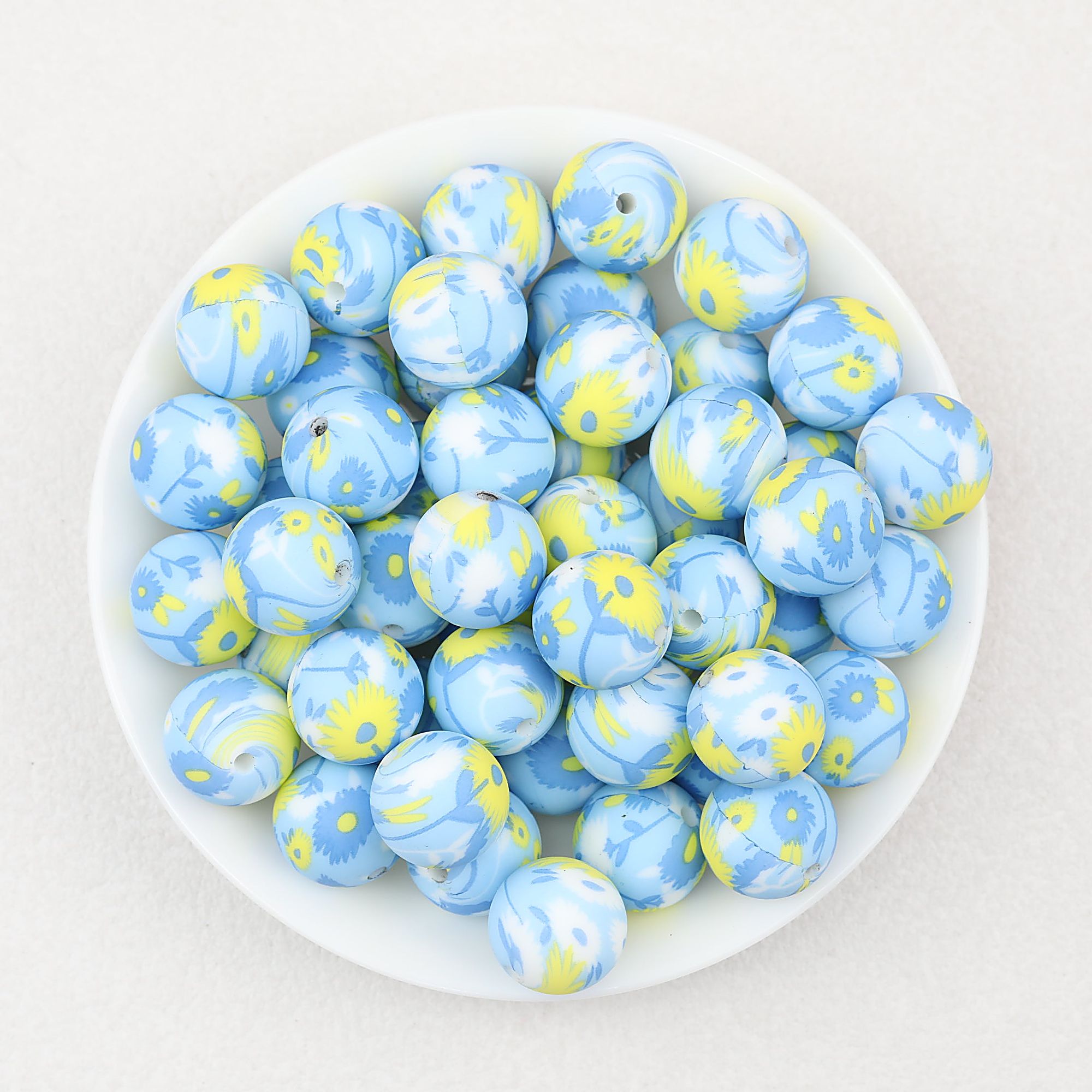 15mm Light Floral Print Round Silicone Beads 50 pcs - Floral Design 2