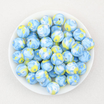 15mm Light Floral Print Round Silicone Beads 50 pcs - Floral Design 2