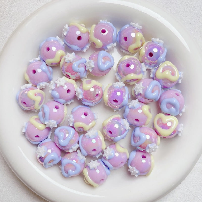 Hand Painted Rhinestone Flower Acrylic Round Beads 16mm 5pcs 10