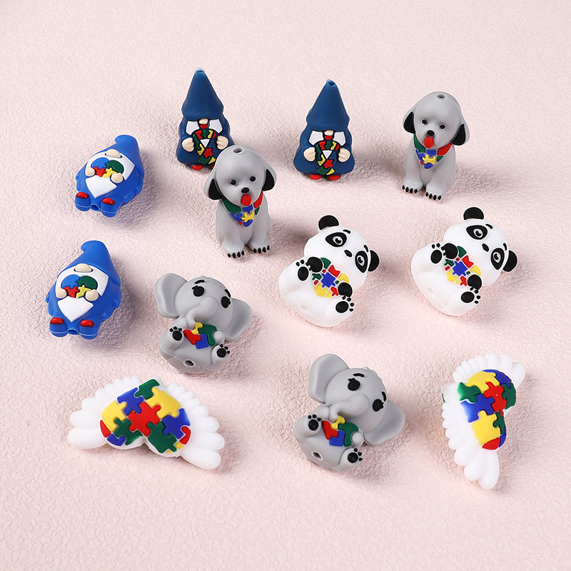 Silicone 3D Focal Beads Autism Pet Love Puzzle Pattern Puppies Panda 7