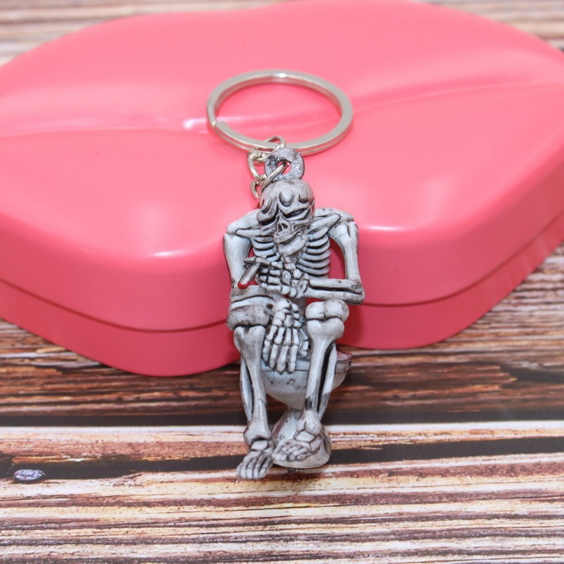 Rubber Halloween Skull Keychain Creative Skeleton on Throne Grey 4