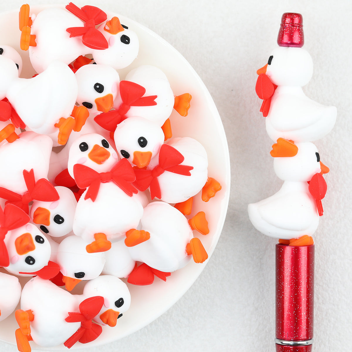  3D Red Tie White Duck Silicone Focal Beads 20Pcs