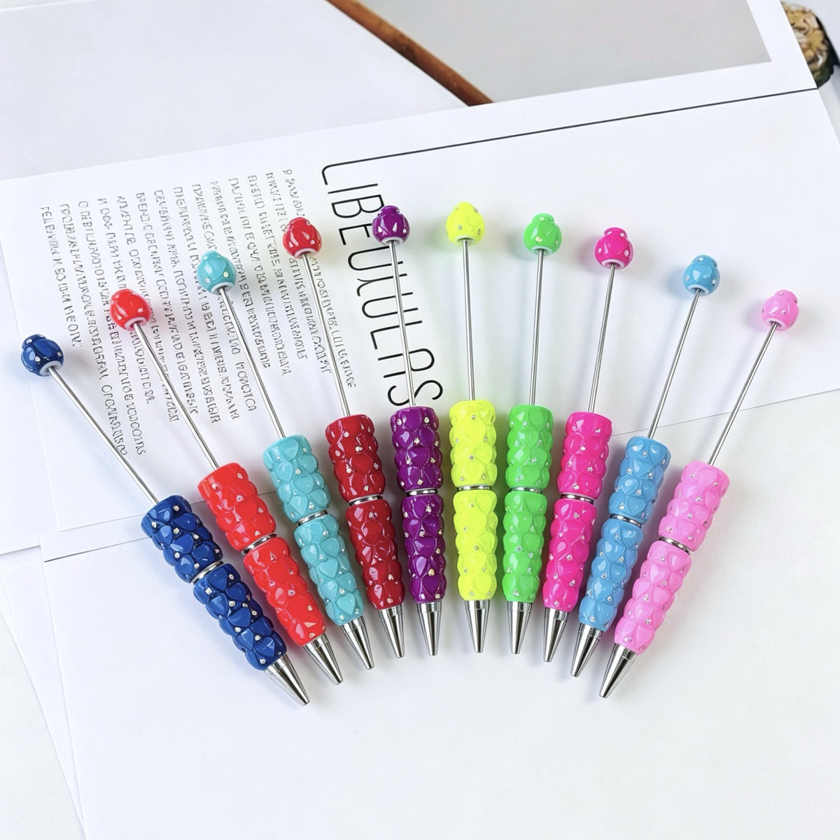 Beadable Plastic Pen with Colorful Heart and Rhinestone Design