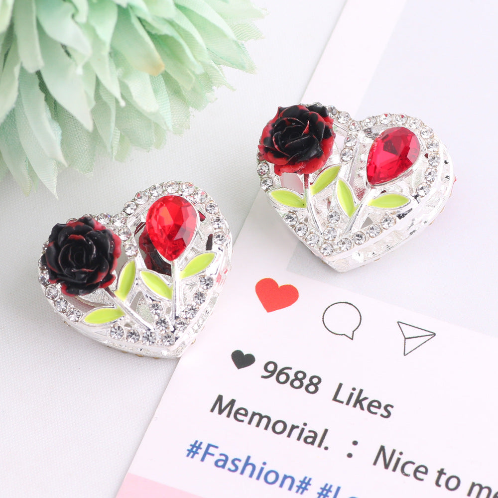 Fancy Heart Shaped Rose Rhinestone Alloy Beads 20mm 3pcs 8