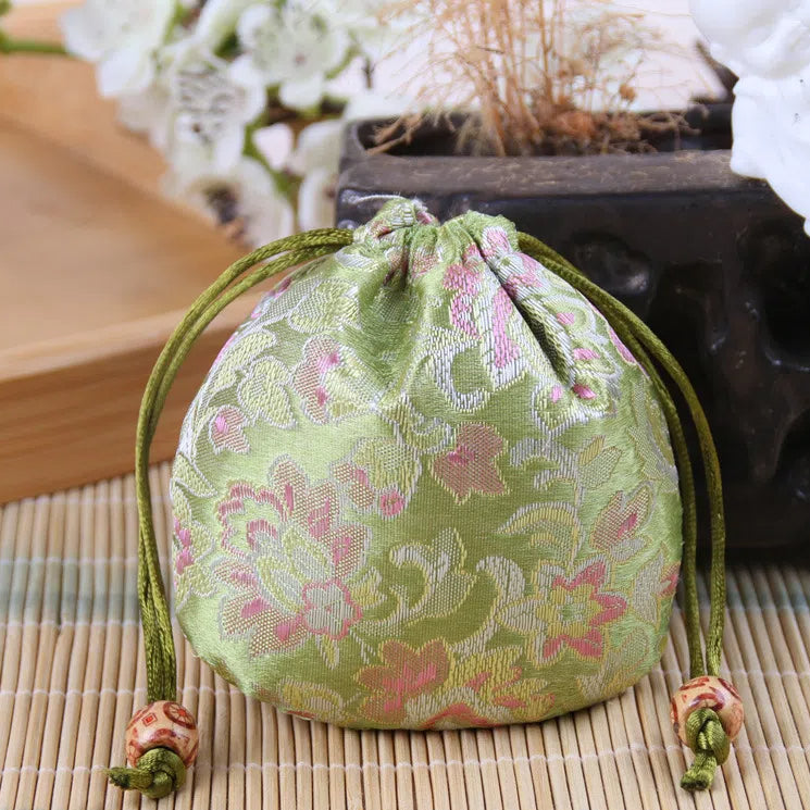 Vintage Brocade Drawstring Pouches Embroidered Floral Pattern 11cm 2pcs