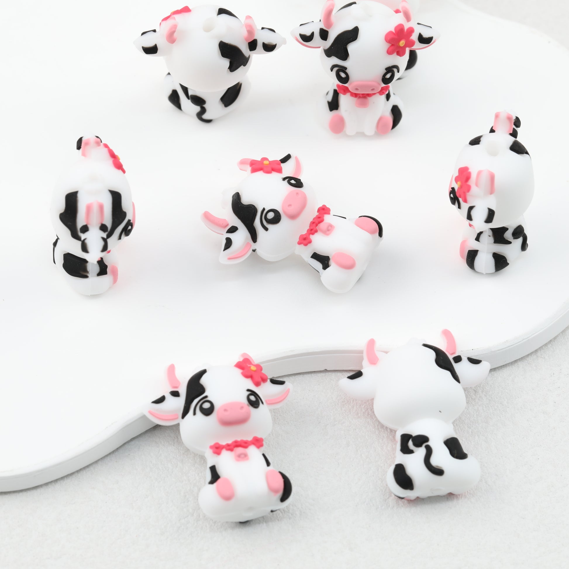Cute Cow 3D Silicone Focal Beads with Pink Flower 20pcs 2