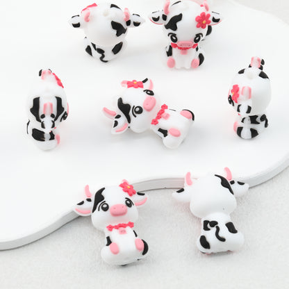 Cute Cow 3D Silicone Focal Beads with Pink Flower 20pcs 2