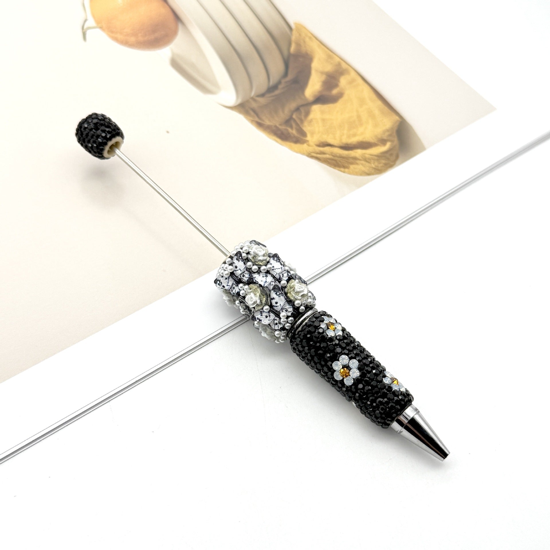 Beadable Pen with Butterfly and Rose Pearls Decorative Handle  9