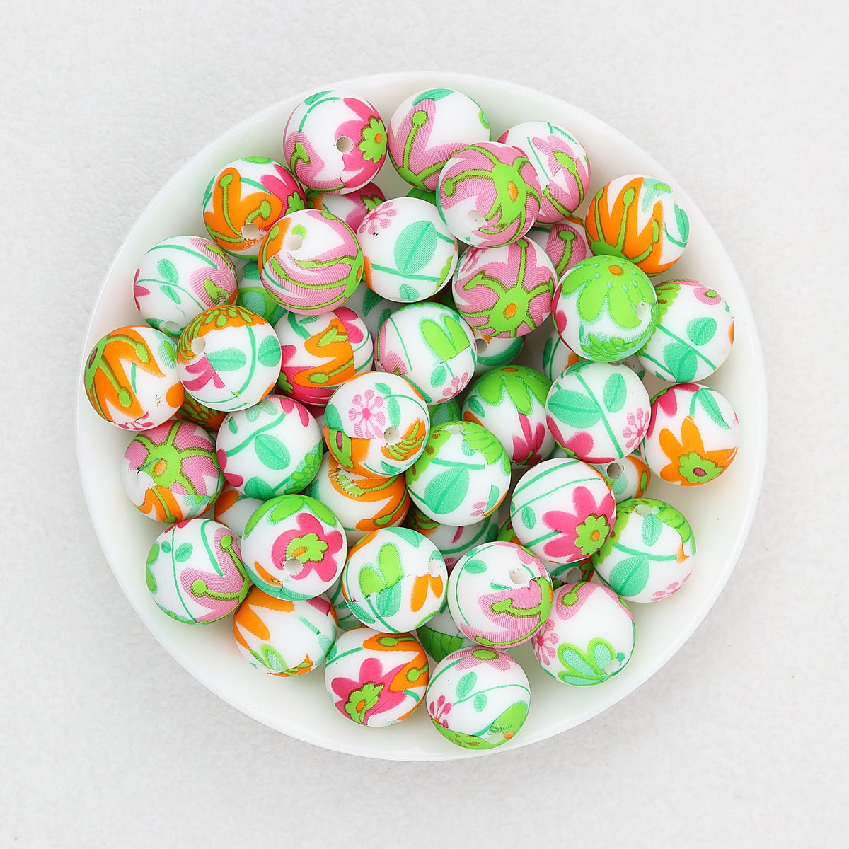 15mm Floral Pattern Silicone Beads Pastel Print 50pcs - Beautiful Flower