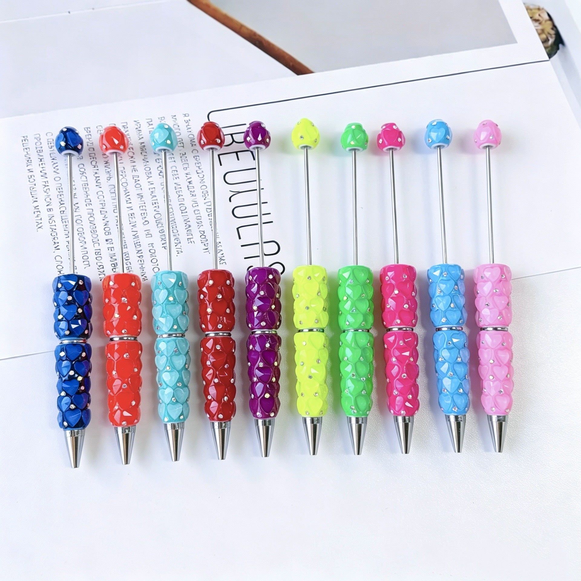 Beadable Plastic Pen with Colorful Heart and Rhinestone Design 6