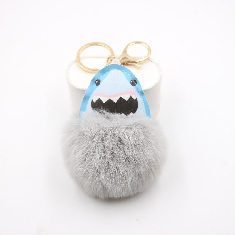 Plush Shark Keychain Blue Leather Face Fluffy Pom Pom Belly 5