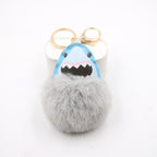 Plush Shark Keychain Blue Leather Face Fluffy Pom Pom Belly 5