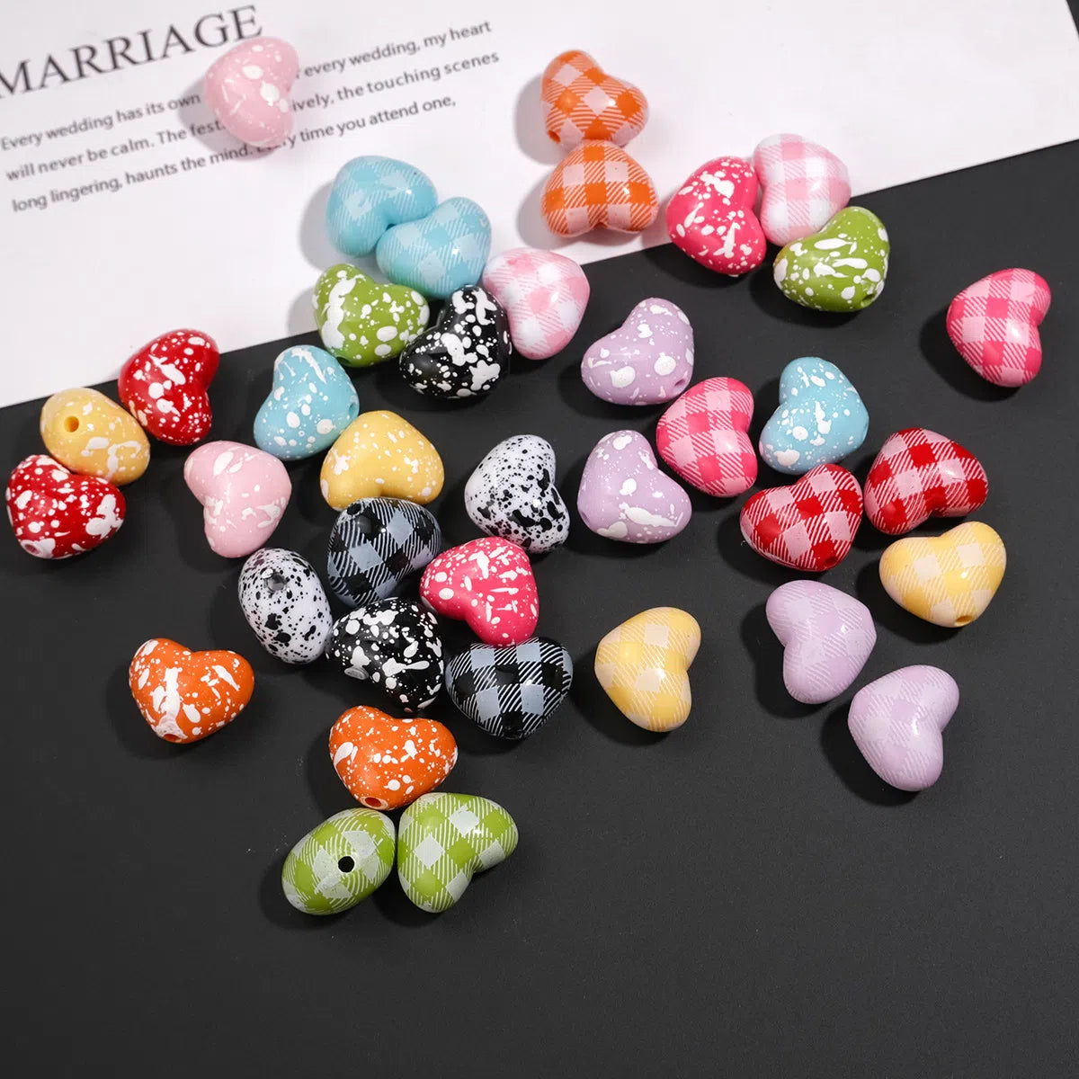 Plaid and Splashed Ink Pattern Heart Acrylic Beads 18mm 20pcs 2