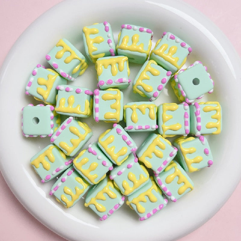Hand Painted Cube Acrylic Beads 16mm Cream Dripping Icing 5pcs 3