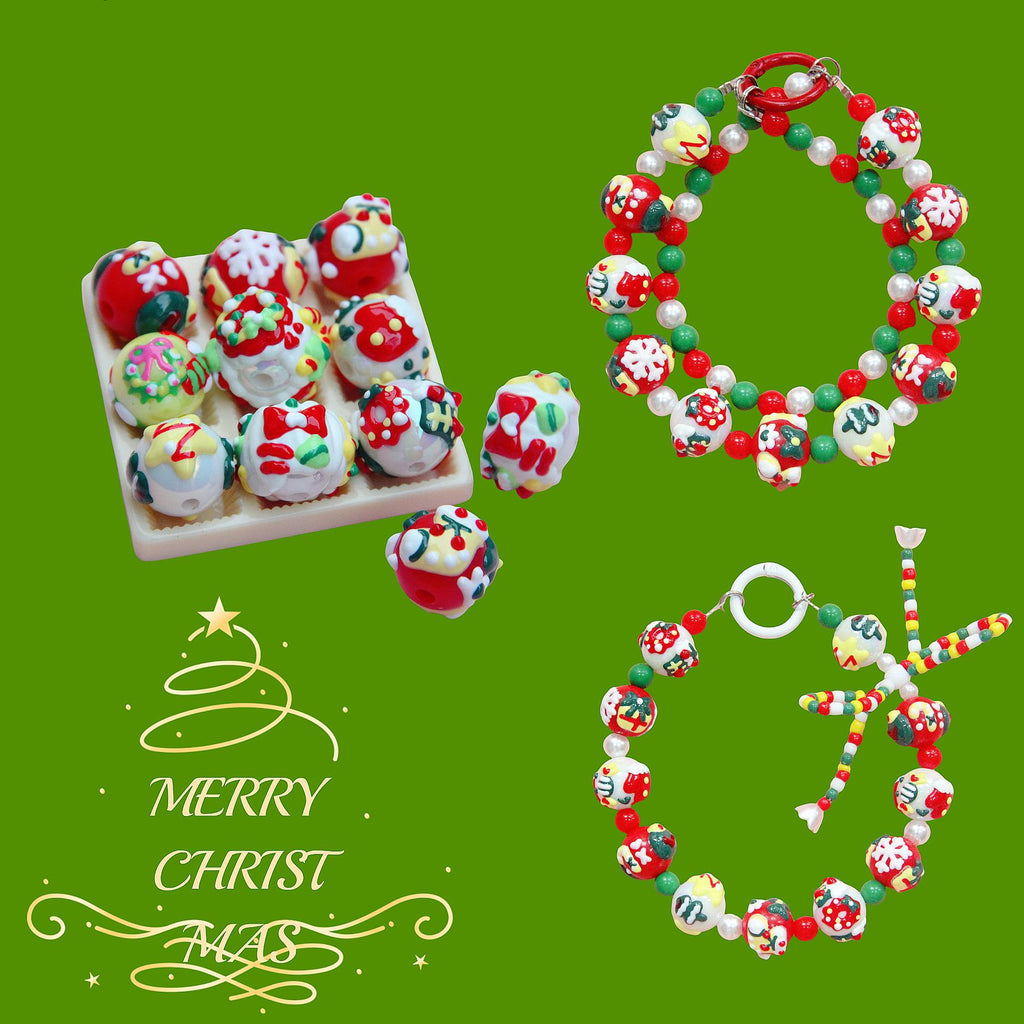 Hand Painted Christmas Wreath and Snowflake Acrylic Beads 18mm 10pcs