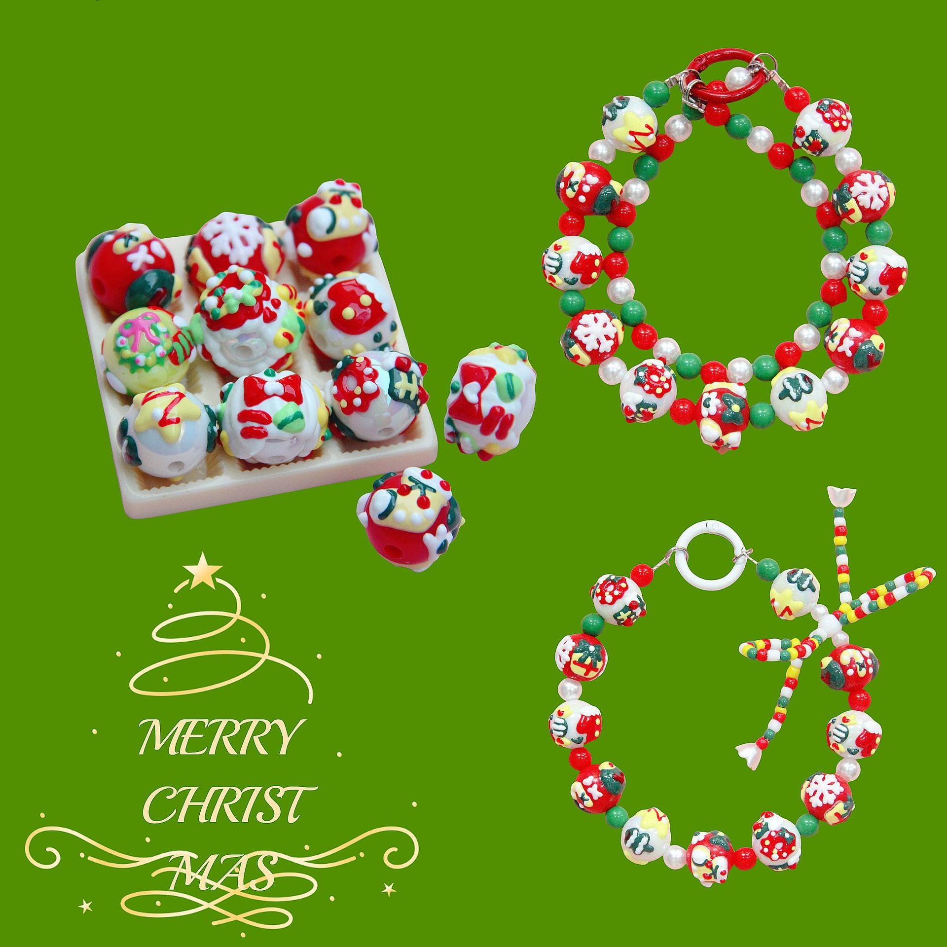 Hand Painted Christmas Wreath and Snowflake Acrylic Beads 18mm 10pcs