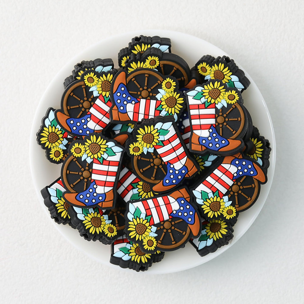 Patriotic Cowboy Boot and Sunflower Silicone Focal Beads 20pcs
