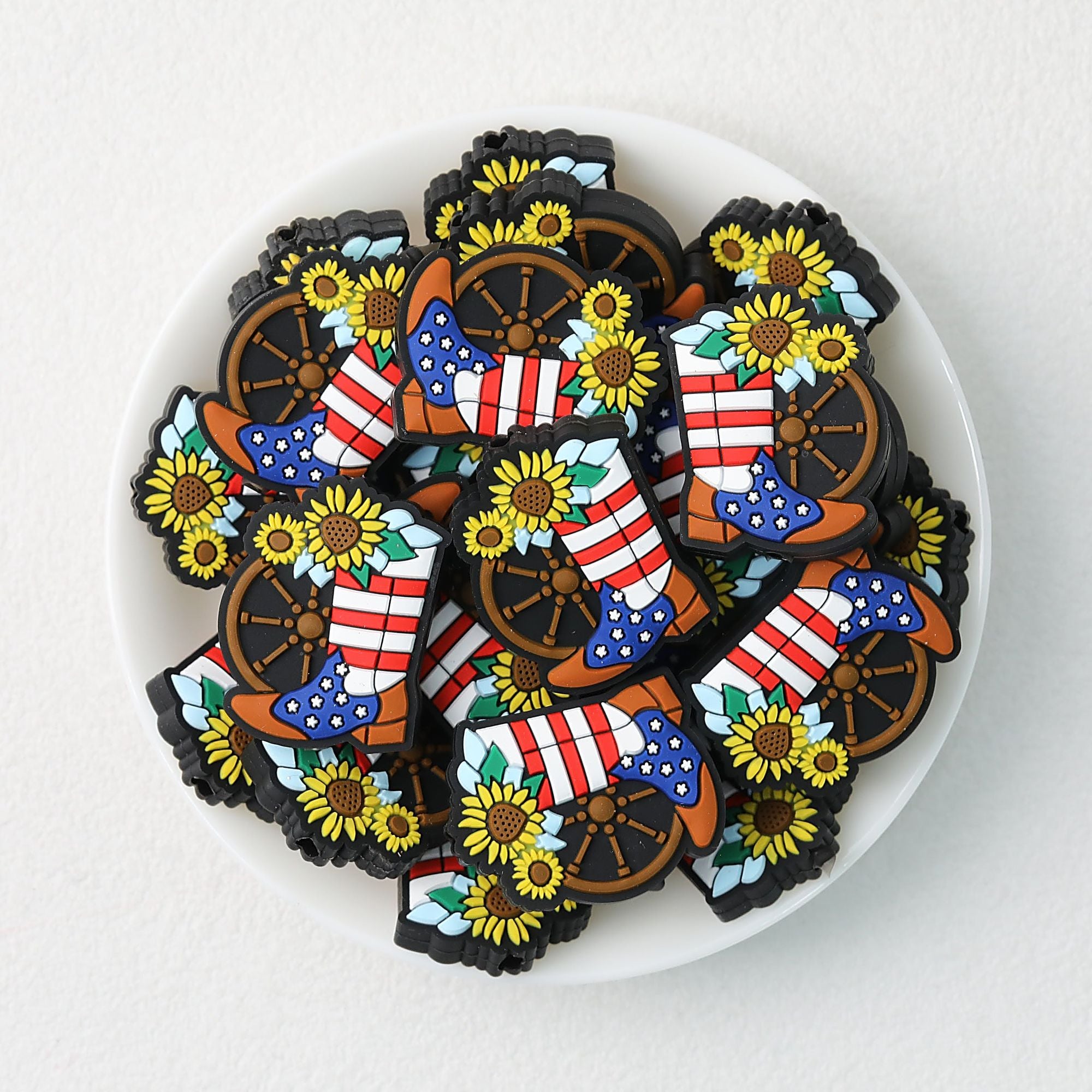 Patriotic Cowboy Boot and Sunflower Silicone Focal Beads 20pcs