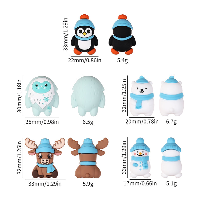 Silicone 3D Focal Beads Winter Theme Polar Bear Snow Monster Wearing Hats 20pcs 9