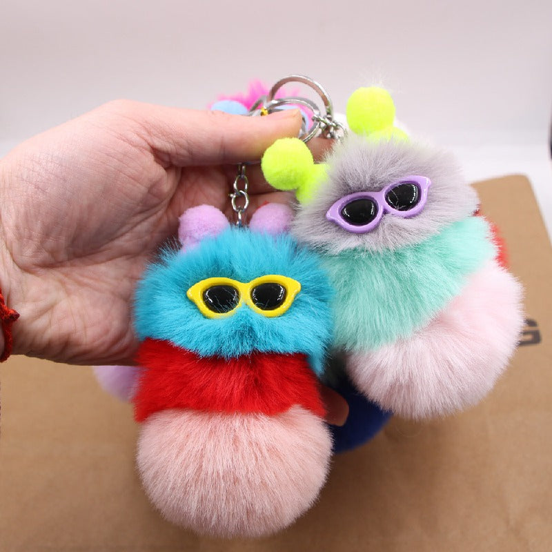 Plush Caterpillar Keychain Cute Pom Pom Embroidered Eyes Alloy Material 2