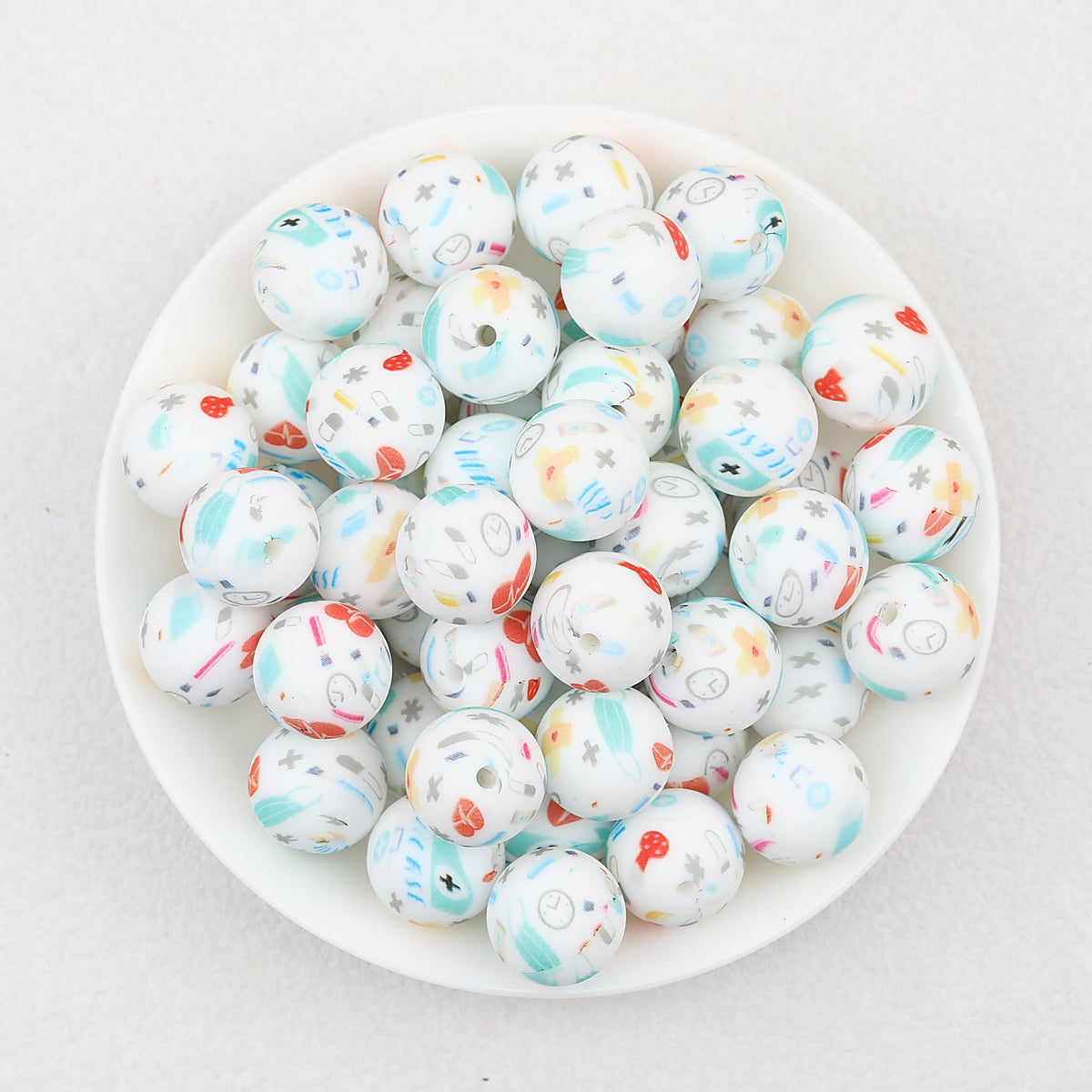 Nurse Theme 15mm Printed Silicone Beads 50pcs - White
