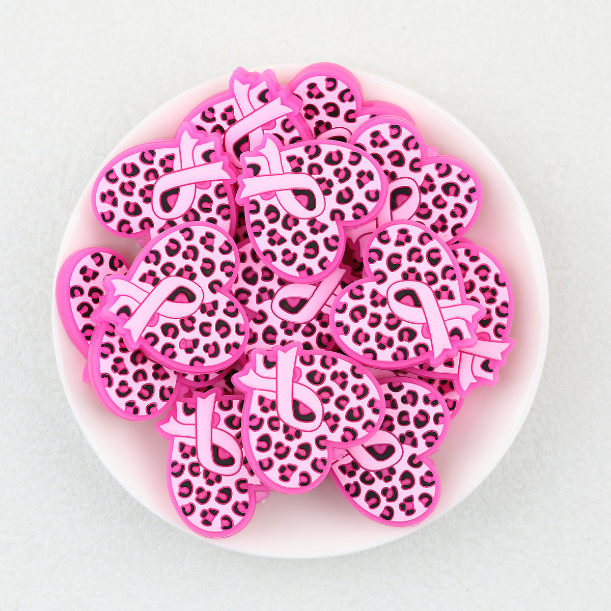 Pink Heart Leopard Print Ribbon Silicone Focal Beads 20pcs  2