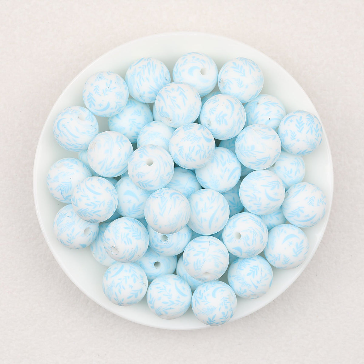Colorful 15mm Printed Silicone Round Beads Patterned 50pcs - Light Blue