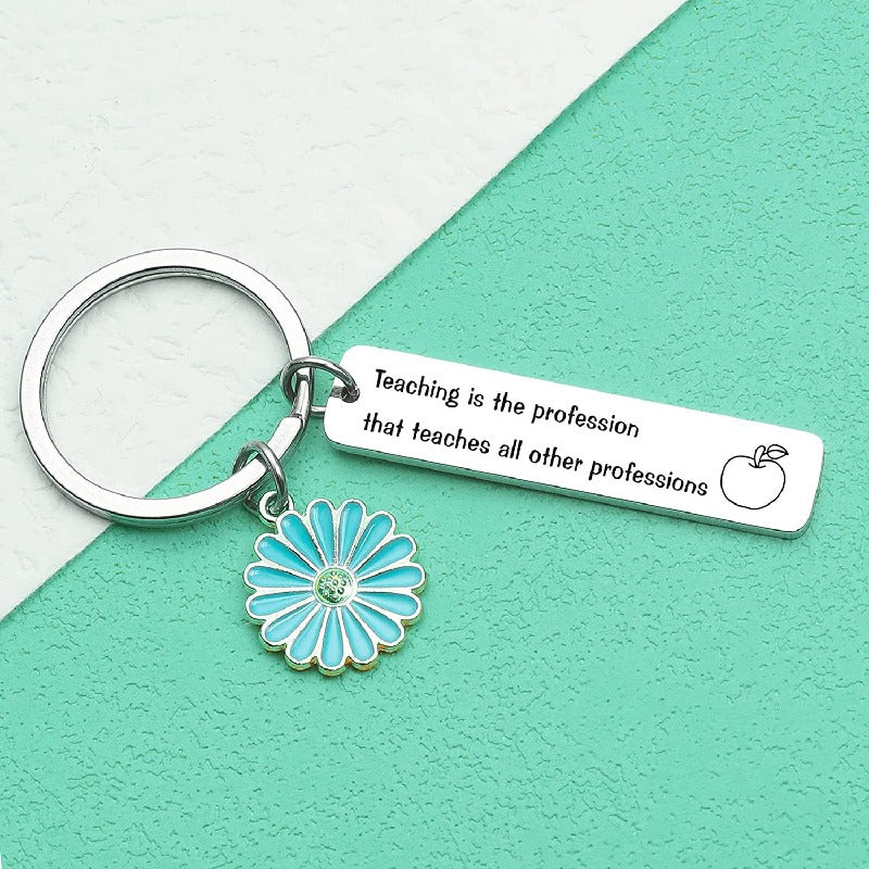 Flower Keychain Stainless Steel Daisy Charm Turquoise Enamel