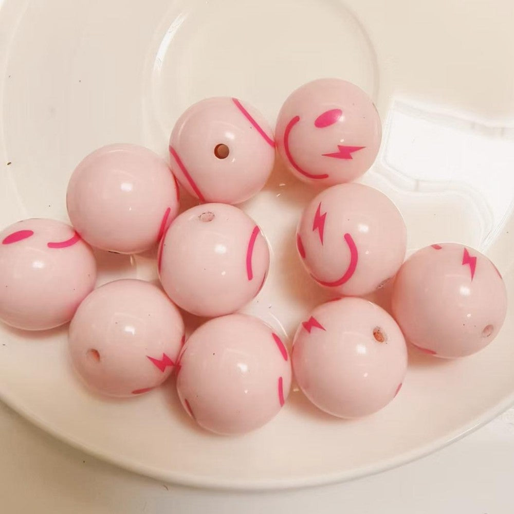 Pink 20mm Bubblegum Beads with Smiley Face Design 10pcs