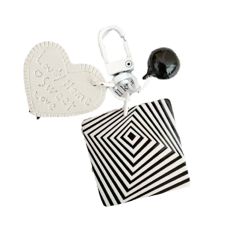 Cartoon Acrylic Plaid Striped Heart Leather Keychain Monochrome Design 5