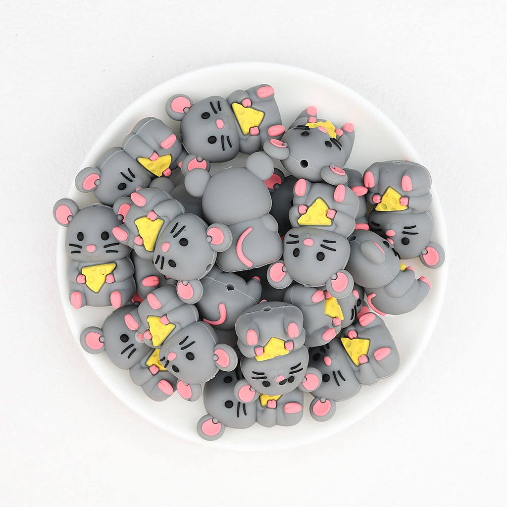 3D Gray Mouse Silicone Focal Beads Cute Animal Design 20pcs