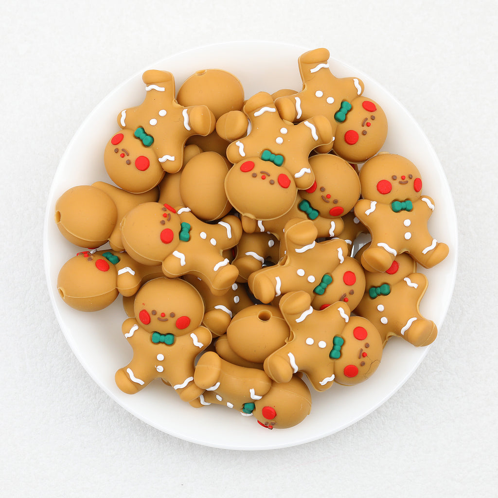 Gingerbread Man 3D Silicone Focal Beads Bowtie 20pcs 2