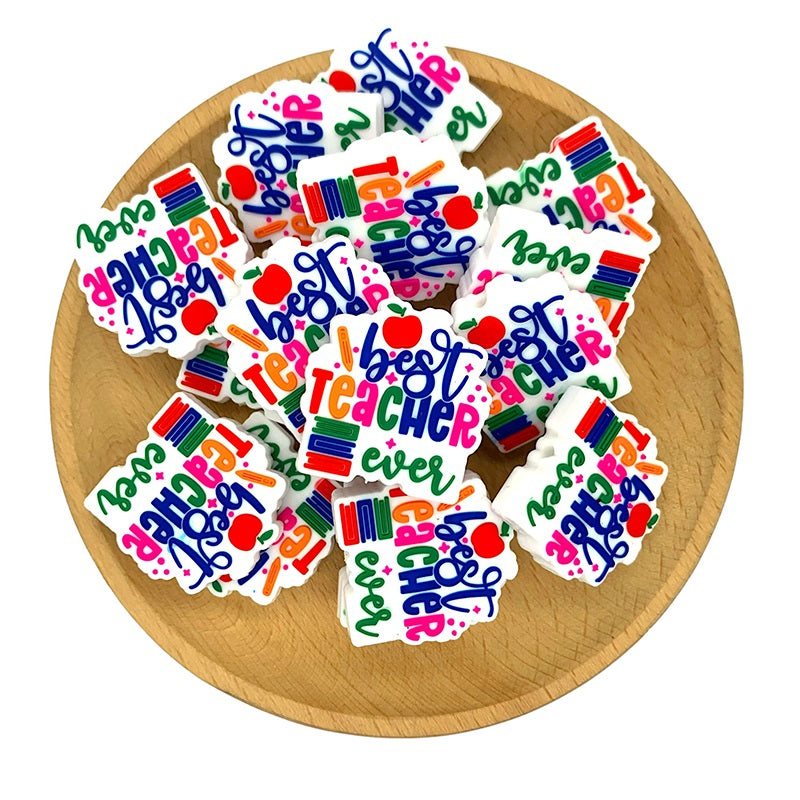 Silicone Focal Beads Best Teacher Ever Colorful Lettering Apple Pencil 20pcs 2