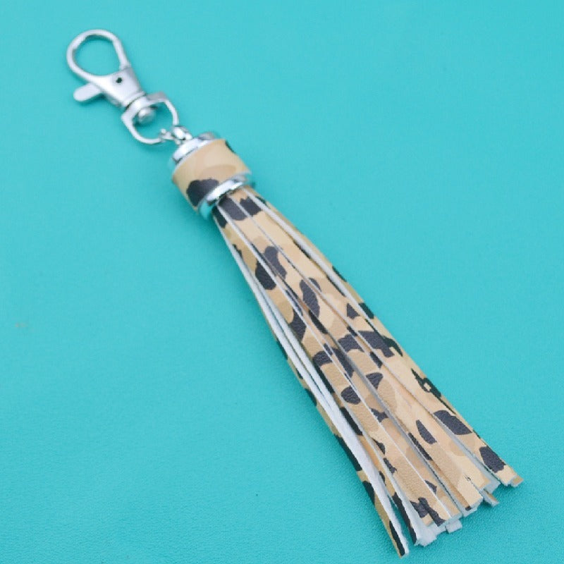 PU Leather Tassel Keychain 9cm Strips Silver Lobster Clasp 35