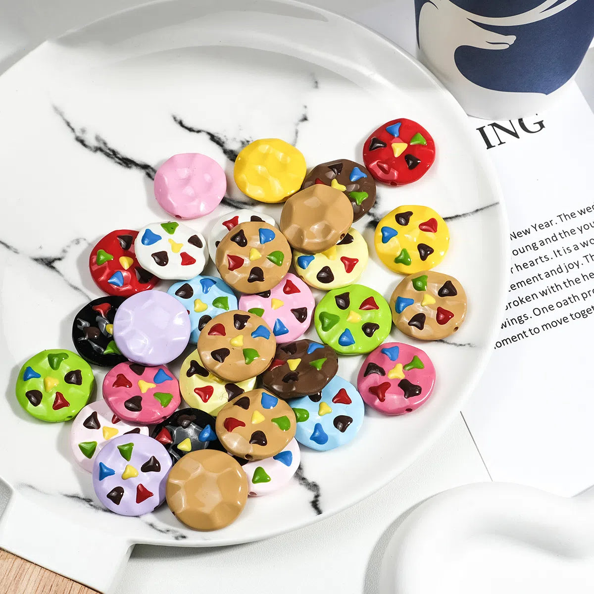 Painted Cookies Acrylic Beads 25mm Colorful Baking Design 50pcs