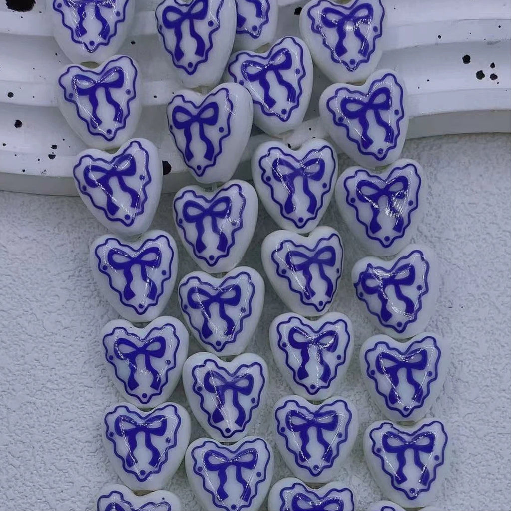 Heart Ceramic Beads 15mm Bow Pattern Lace Glazed 10pcs 3