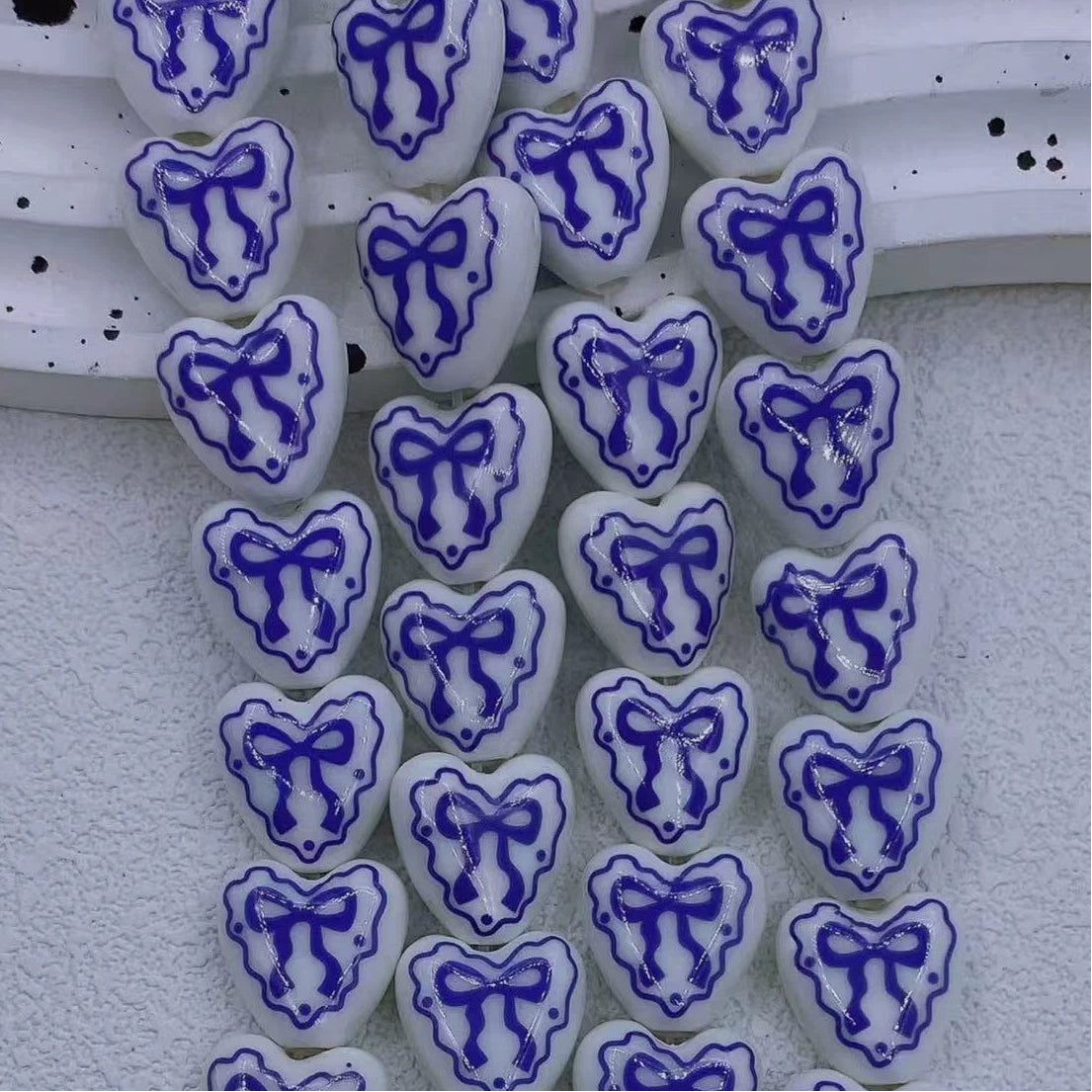 Heart Ceramic Beads 15mm Bow Pattern Lace Glazed 10pcs 3