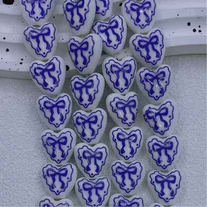 Heart Ceramic Beads 15mm Bow Pattern Lace Glazed 10pcs 3