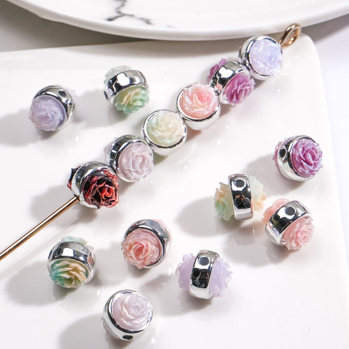 Plating Rose Acrylic Beads 12mm Double Sided Glitter Powder 50pcs 2
