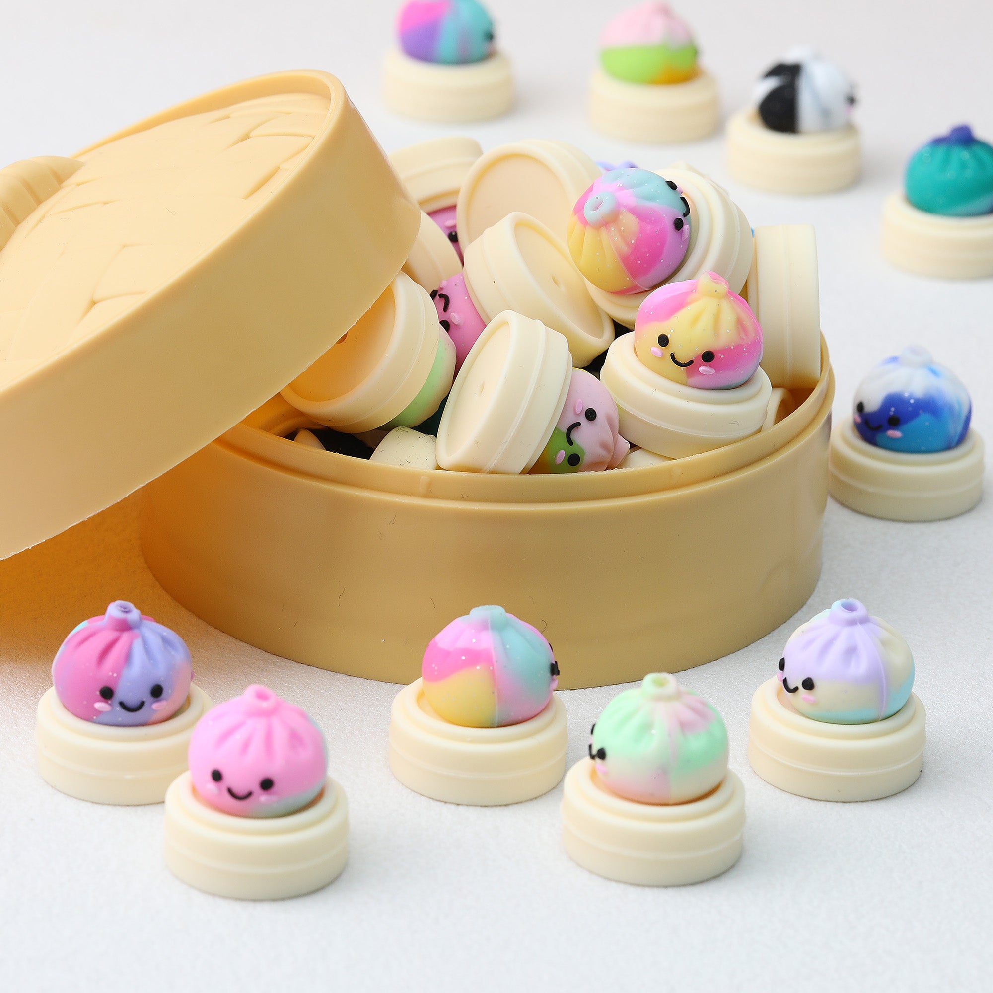 Tie Dye 3D Silicone Focal Beads With Steamer Cute Smiling Dumpling Glitter 20pcs 3