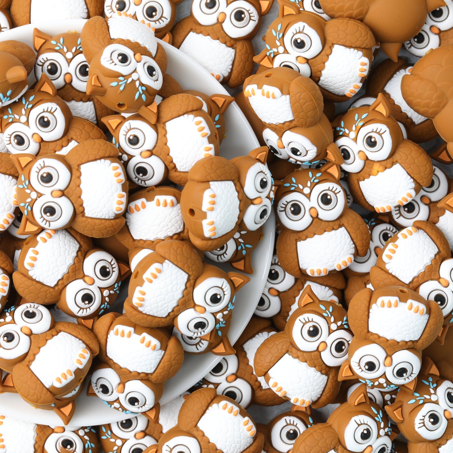 Cute 3D Owl Silicone Focal Beads Brown 20pcs