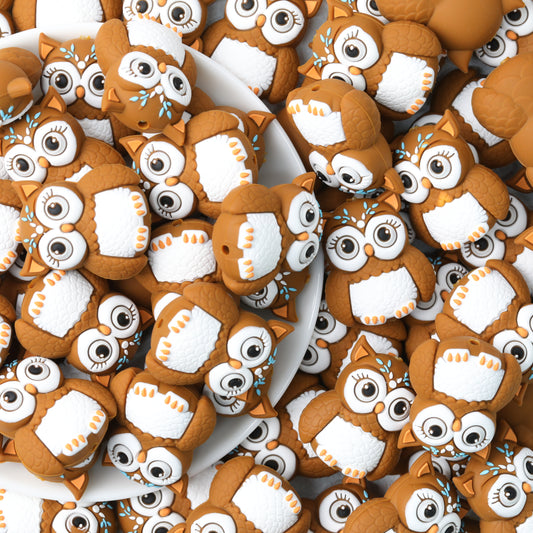 Cute 3D Owl Silicone Focal Beads Brown 20pcs