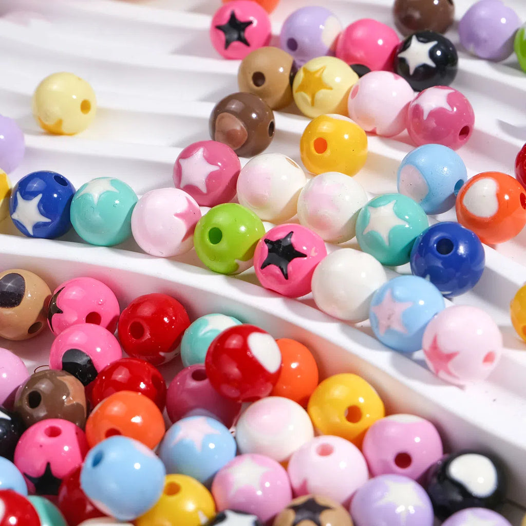 Painted Round Acrylic Beads 10mm Double Sided Heart and Star Pattern 50pcs 4